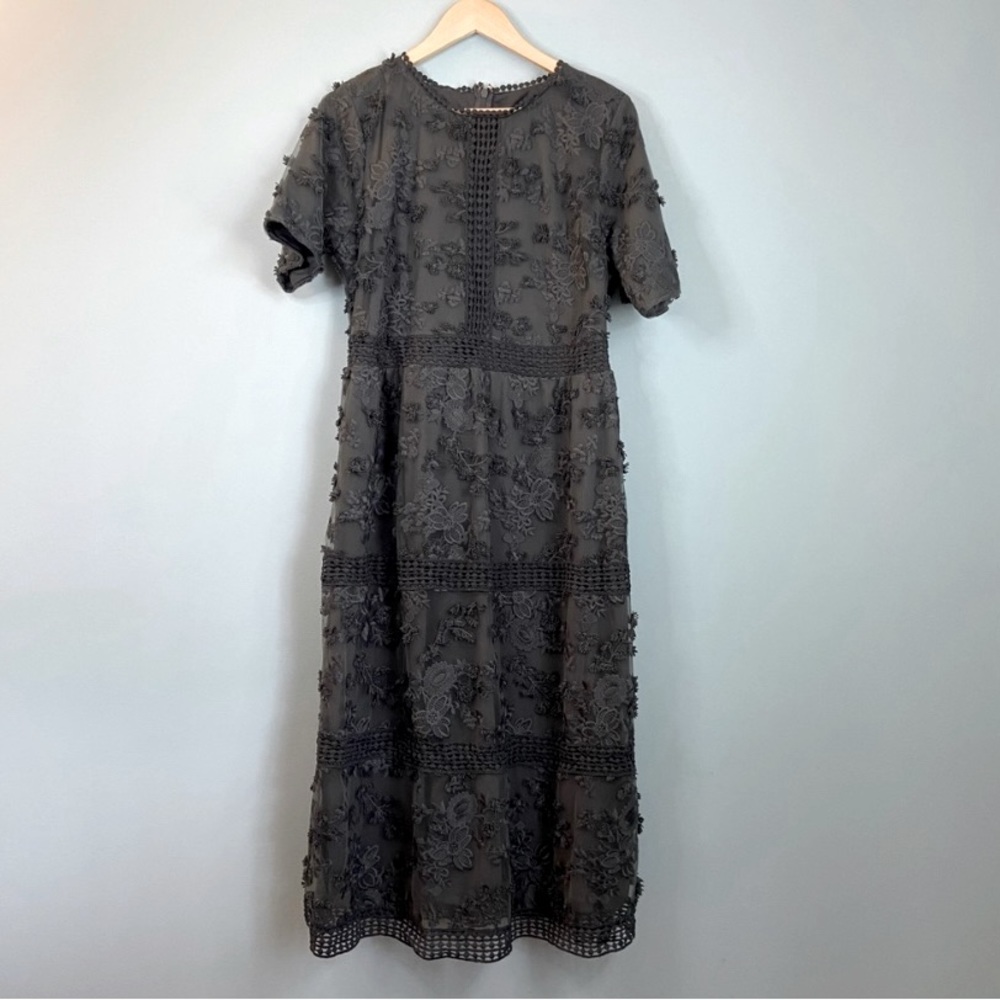 Piper & Scoot Gray Floral Embroidered Midi Dress